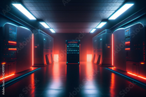 Blurred background of a futuristic interior of a computer server room, data centre hall. Generative AI illustration. © Andrey