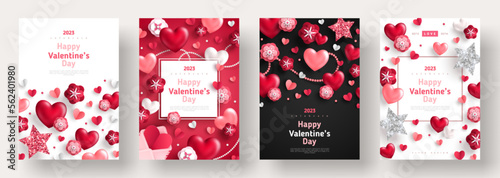 Valentine's day concept posters set. Vector illustration. 3d red and pink paper hearts with frame, rose flowers background. Cute love sale banner, voucher template, greeting card. Place for text. #562401980