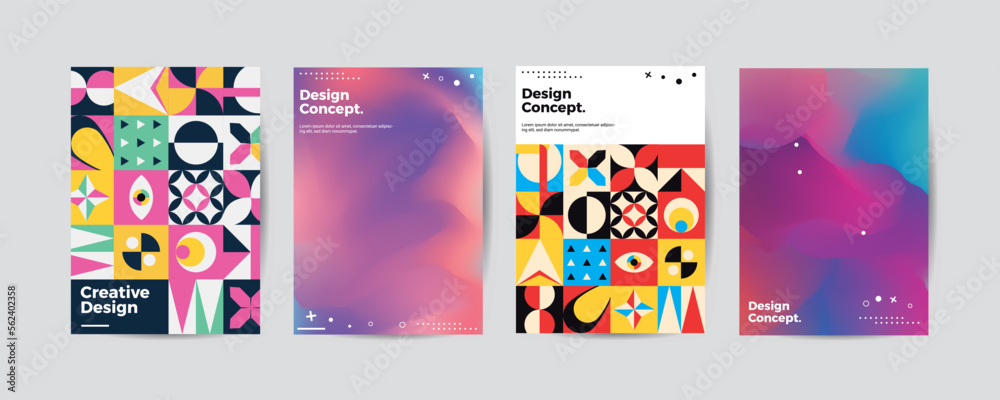 Company identity brochure template collection. Business presentation vector A4 vertical orientation front page mock up set. Corporate report cover abstract geometric illustration design layout bundle.