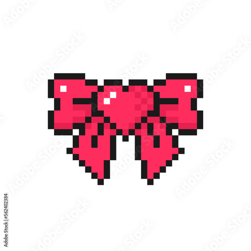 Ribbon bow with heart icon in pixel art style. Love symbol for Valentine's Day. Isolated on white background vector sign