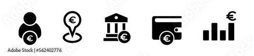 European banking icon set. Containing wallet, euro, bank, businessman and graph symbol in black style concept.	
