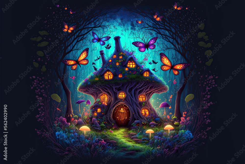 Colorful fairy house in a magical fantasy forest with butterflies, Generative AI