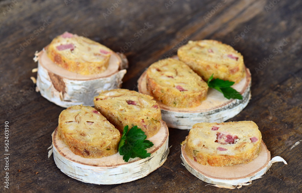 Homemade bread roll, stuffed with ham