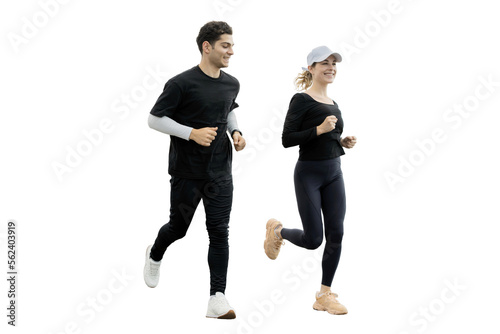 Running man and woman joggers jogging style sportswear running transparent background.