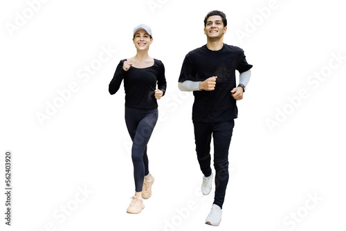 Man and woman full-length joggers style jogging sportswear and running shoes transparent background.