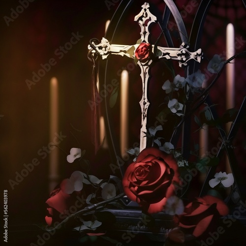 Fototapeta Naklejka Na Ścianę i Meble -  Gothic illustration of a cross with roses. High quality illustration