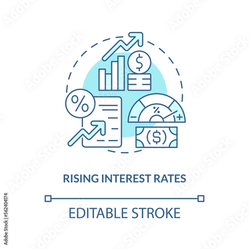 Rising interest rates turquoise concept icon. Borrowing costs. Stock market trend abstract idea thin line illustration. Isolated outline drawing. Editable stroke. Arial, Myriad Pro-Bold fonts used
