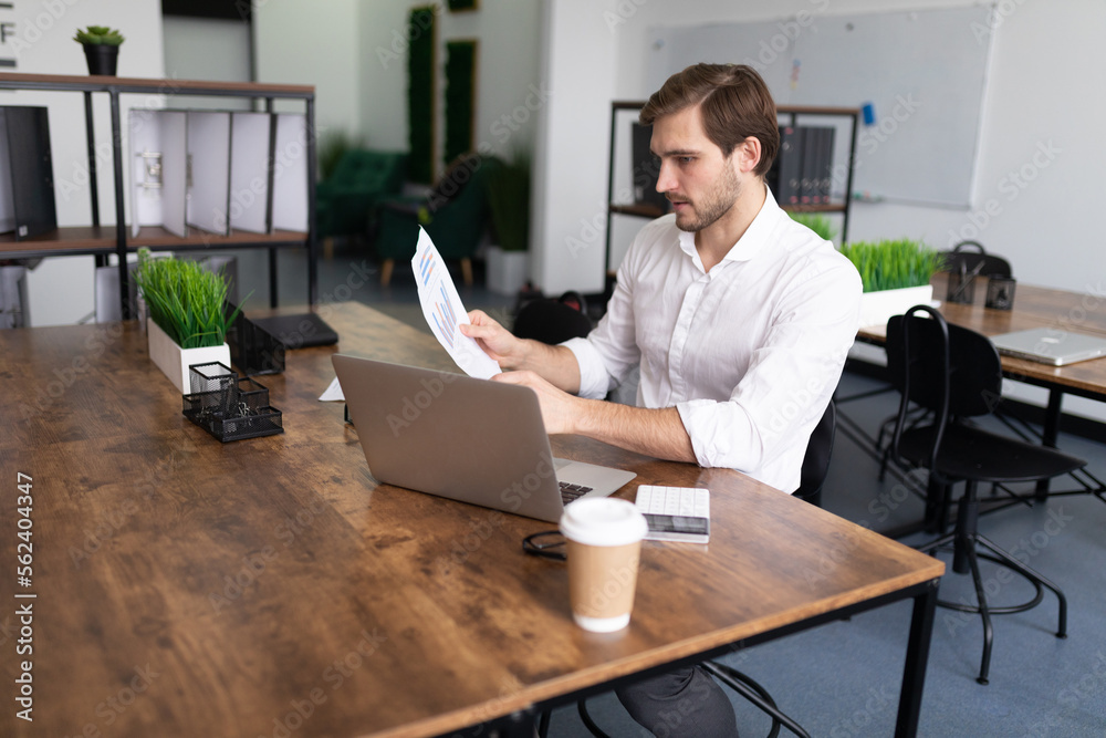 male businessman working with documents laptop in the office male businessman working with documents laptop in the office