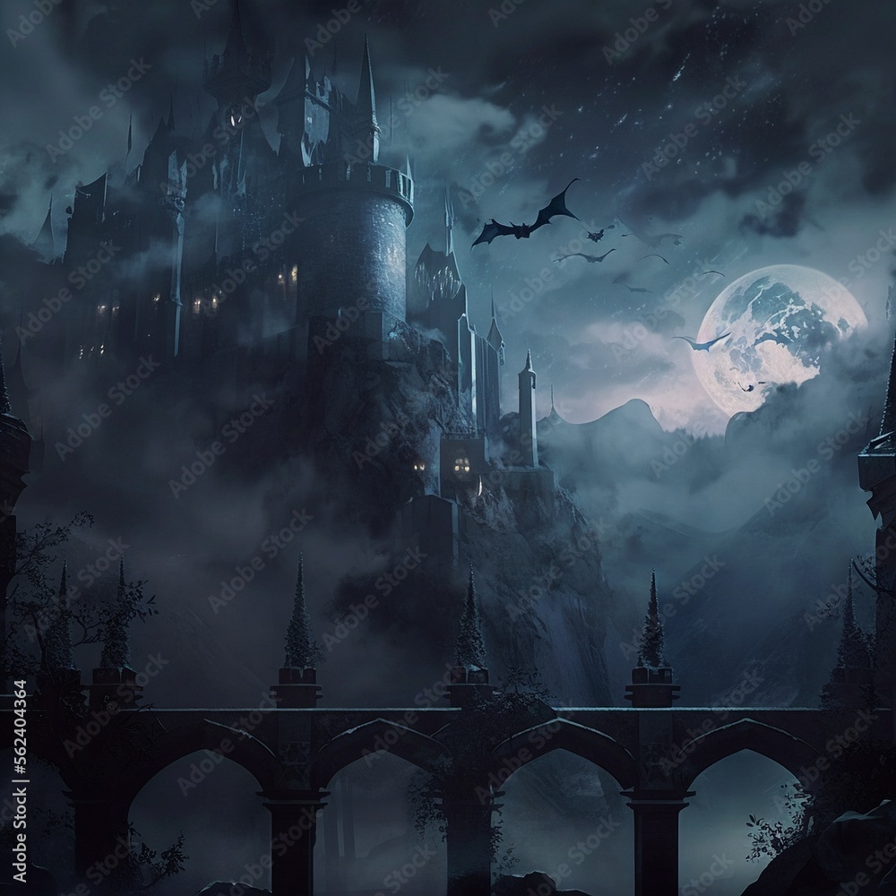 Gothic image of a gloomy castle in the night. High quality illustration