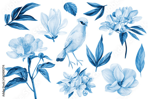 Modern Tropical flowers, bird. Peony and magnolia. Hand drawn collage style, blue colors. Watercolor hand drawn flora