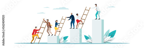 business mentor helps improve, holding stairs steps, mentorship, upskills, climb help, self development strategy flat.