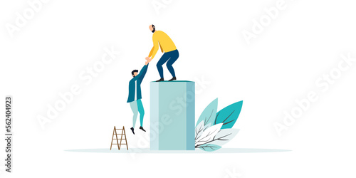 business mentor helps improve, holding stairs steps, mentorship, upskills, climb help, self development strategy flat.