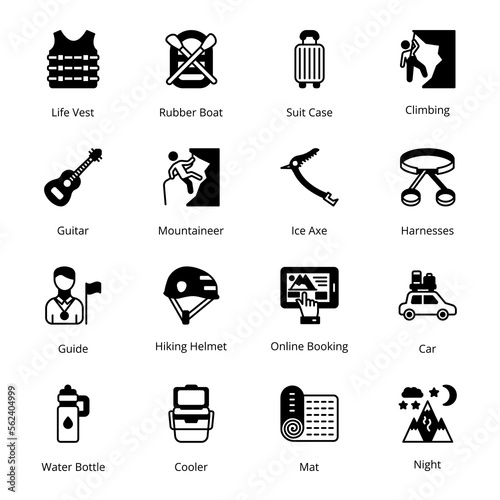 Online Booking, Car, Life Vest, Rubber Boat, Suit Case, Climbing, Guide, Hiking Helmet, Water Bottle, Cooler, Mat, Night, Guitar, Mountaineer, Ice Axe, Harnesses,  Glyph Icons - Solid, Vectors