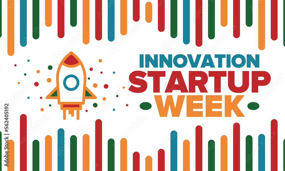 Innovation Startup Week. Business event for make future success. Technology development startups, searching financial and sponsorship. Creative marketing strategy for company. Vector rocket