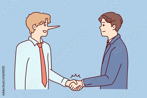 Man with long nose shakes hands with partner in business clothes trying to cheat or make poor-quality deal. Guy with smile deceives colleague, wanting to bypass him on career ladder. Flat vector image