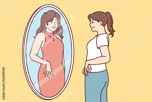 Woman in casual clothes looks in mirror and sees in reflection girl in beautiful evening dress. Dreamy lady fantasizes about buying new evening attire to go to holiday event. Flat vector design 