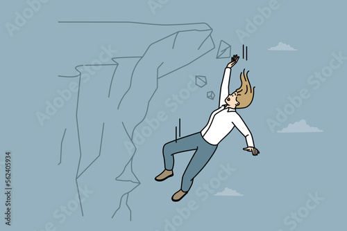 Scared businesswoman fall from cliff suffer from failure or loss at work. Unhappy terrified female employee falling from rock failed with project. Vector illustration. 