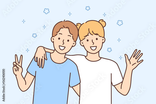 Happy children hug having fun together 