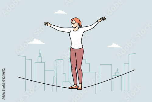 Young woman equilibrist walking on rope in air. Female walker engaged in extreme sportive physical activity. Hobby concept. Vector illustration. 