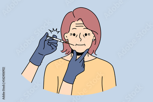 Closeup of cosmetician with syringe do facial botox therapy to old wrinkled woman. Mature female with wrinkles have skincare face injection for smooth skin. Vector illustration. 