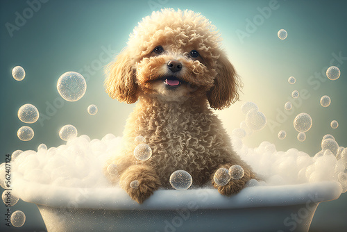 Obraz na plátne Cute poodle dog taking a bath with foam and bubbles made with Generative AI