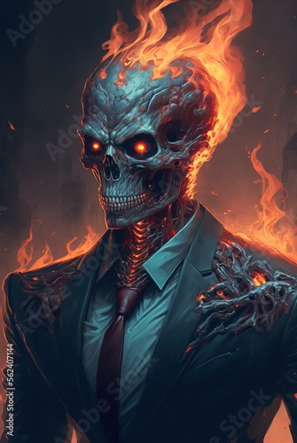 Fiery temper corporate skeleton boss zombie in suite and tie, glowing angry red eyes with hell to pay and will terminate you if late for work - Generative AI