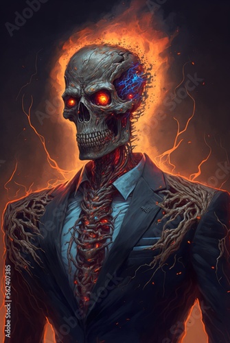 Fiery temper corporate skeleton boss zombie in suite and tie, glowing angry red eyes with hell to pay and will terminate you if late for work - Generative AI