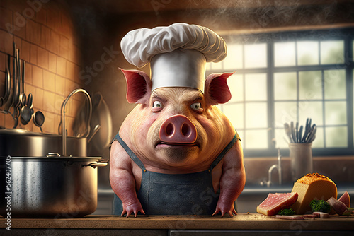 Angry pig chef in a kitchen made with Generative AI. photo