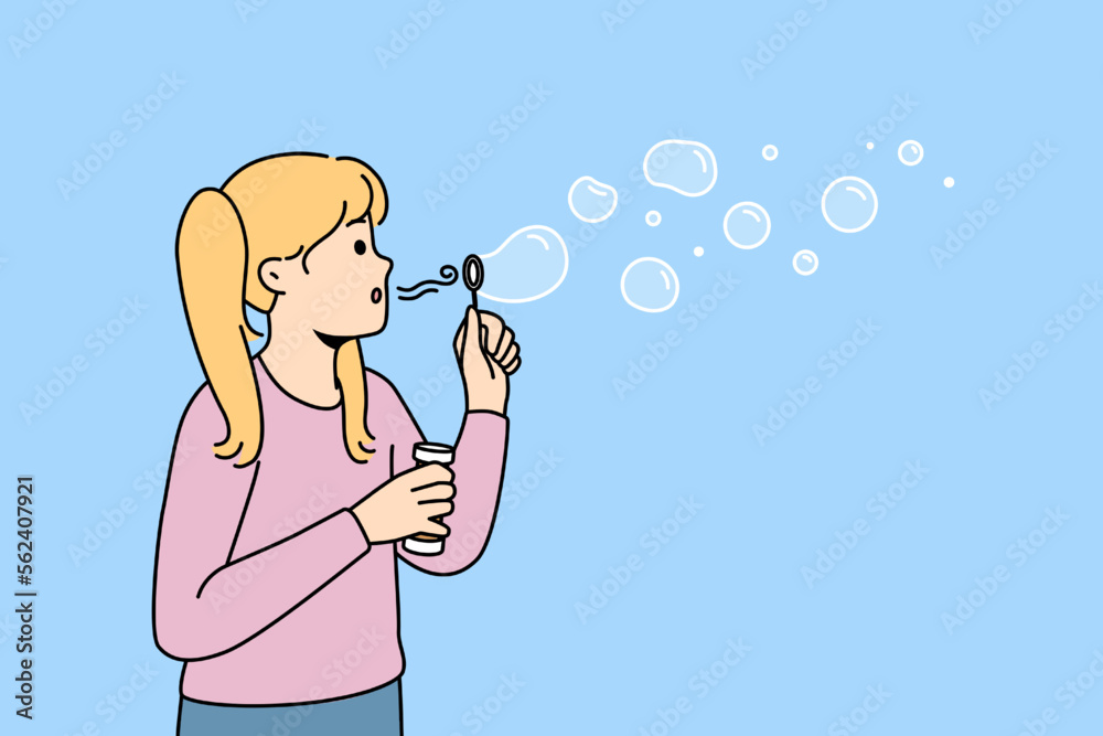 Happy girl child have fun blowing soap bubbles. Smiling kid blow soapsuds. Childhood game activity outdoors. Vector illustration. Happy girl child have fun blowing soap bubbles. Smiling kid blow soapsuds. Childhood game activity outdoors. Vector illustration.
