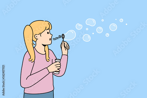Happy girl child have fun blowing soap bubbles. Smiling kid blow soapsuds. Childhood game activity outdoors. Vector illustration. 