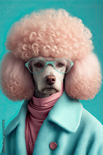 Posh poodle dog wearing clothes and glasses made with Generative AI. photo