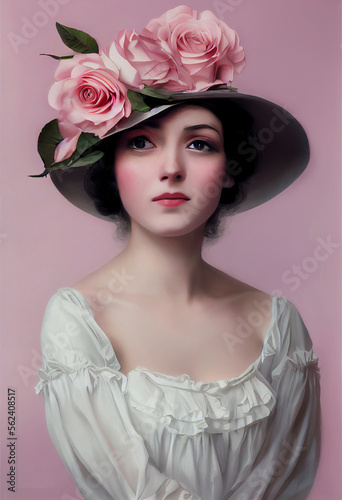 AI generated portrait of a woman wearing flower hat  AI generative image