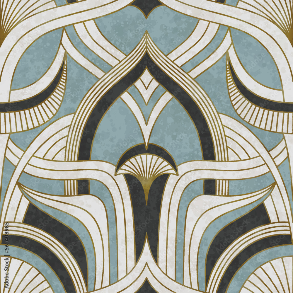 Artistic seamless pattern in art deco style with Asian tuch. Luxury elegant 1920s design for textile and wallpaper. Fabric print vector vintage illustartion.