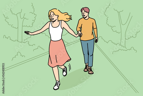 Happy young couple walking together in park. Smiling man and woman enjoy romantic date in summer forest. Relationships. Vector illustration. 