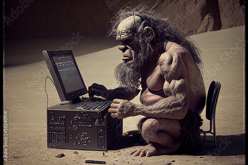 Ancient Stone Age Programmer, Troll, Neanderthal Man Working on Stone Computer, Generative AI Illustration