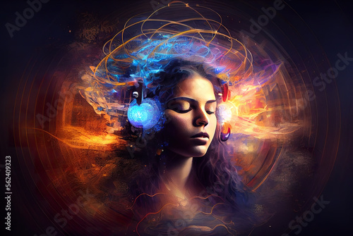 Surreal image of a woman in deep meditation with swirling cosmic energy  ideal for depicting mindfulness  spiritual awakening  and the power of meditation.. generative ai    