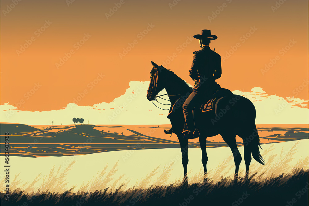 a brave cowboy man is watching his bison herd from distance, cartoon sunset scene, generative ai technology