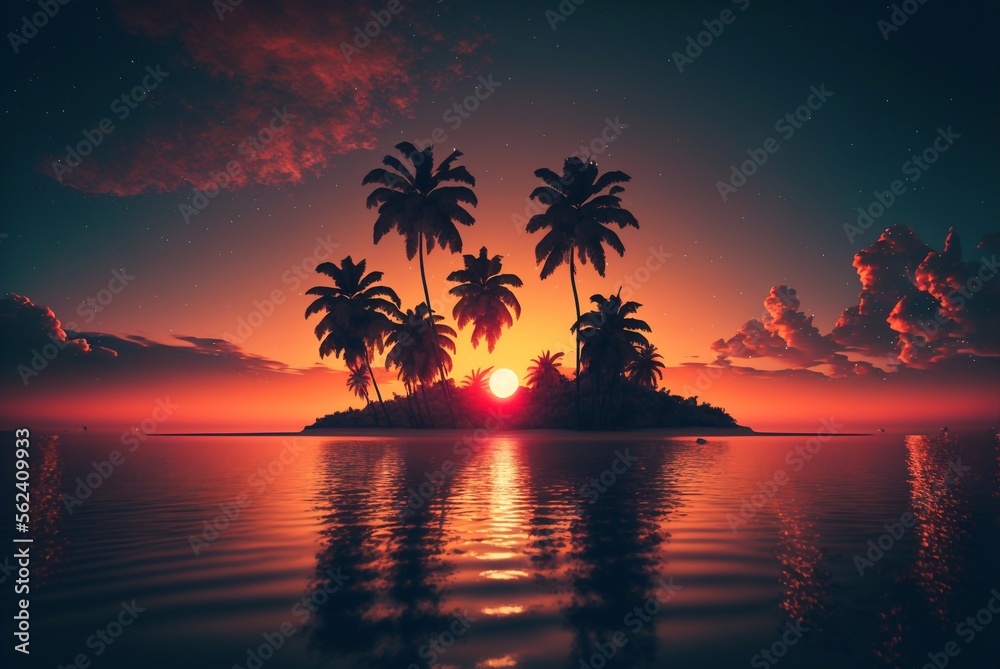 Silhouette of a deserted island with palm trees in the middle of the ocean at sunset