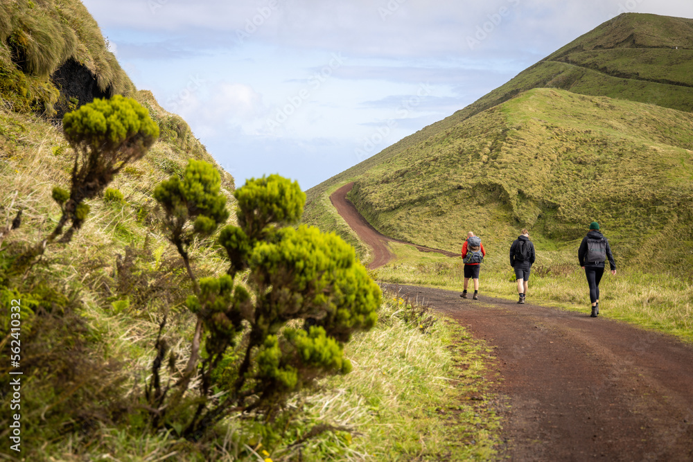 Group of hikers in the central highlands of São Jorge island, Azores
