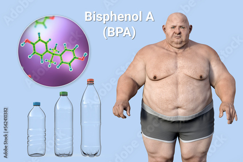 Association between plastic compounds and obesity, 3D illustration showing BPA molecule present in plastic bottles and overweight person photo