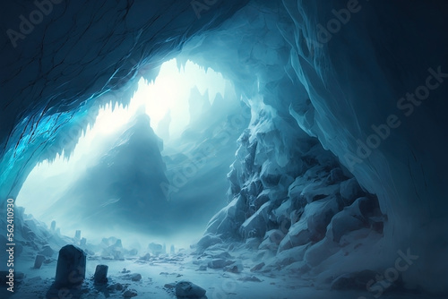 Fantasy ice cave. Icy stone walls and winter landscape. Ice walls and floor. Winter storm.