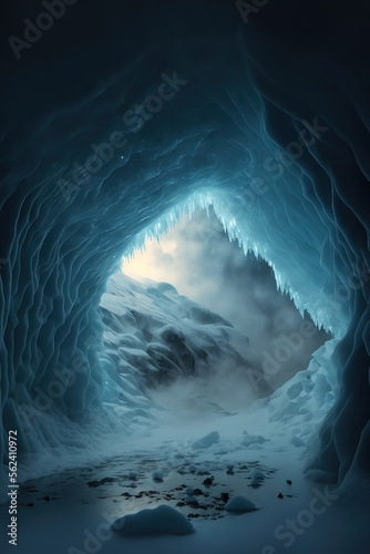 Fantasy ice cave. Foggy sunset winter landscape. Ice walls and floor. Winter storm.