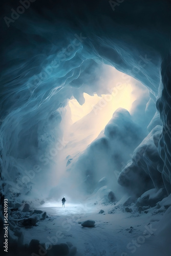 Fantasy ice cave. Snow canyons. Winter storm. Ice walls and floor.