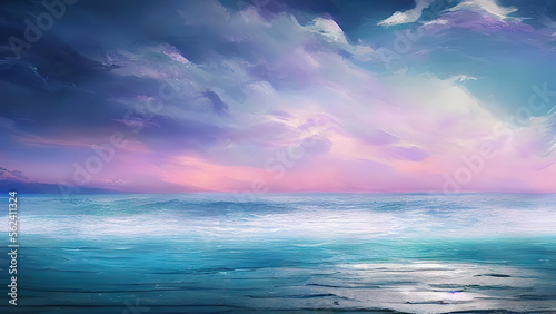 Bright blue sky light clouds and waves on the beach ocean seascape. background illustration, enerative ai, generative, ai photo