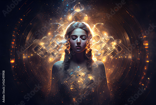  Serene woman in meditation surrounded by a radiant aura of light, embodying calm and spirituality, perfect for promoting peace and mindfulness generative ai 