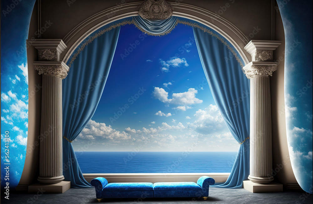 Fototapeta premium a wonderful oriental big window to watch the ocean, peaceful place, generative ai technology