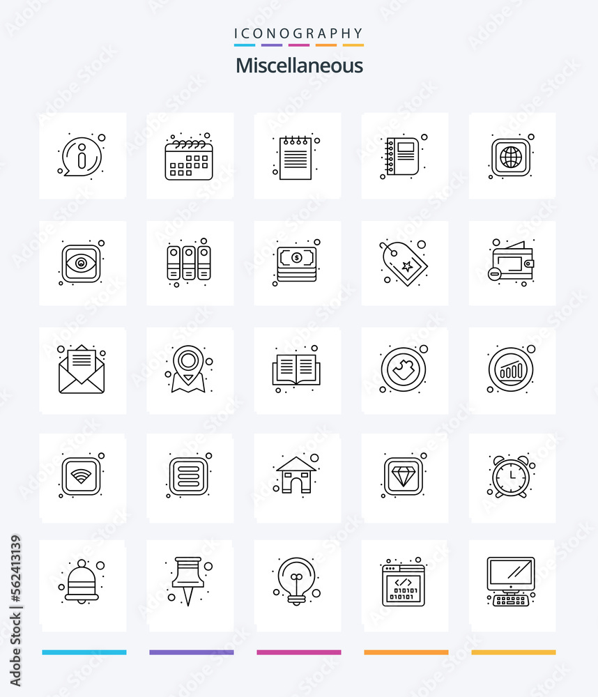 Creative Miscellaneous 25 OutLine icon pack  Such As globe. notepad. book. diary. contact