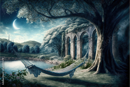 a hammock scene in a wonderful fantasy peaceful place, generative ai technology