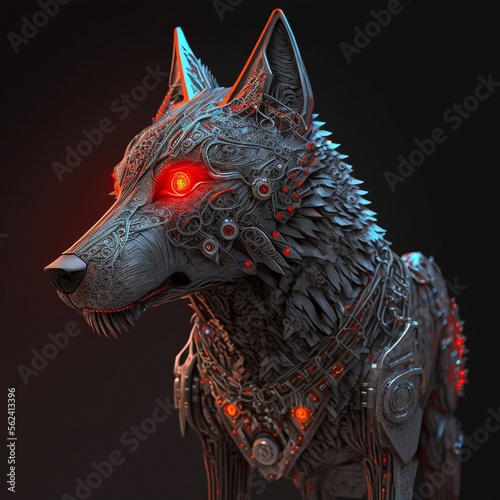 Cybernetic wolf with red glowing eyes. High quality illustration