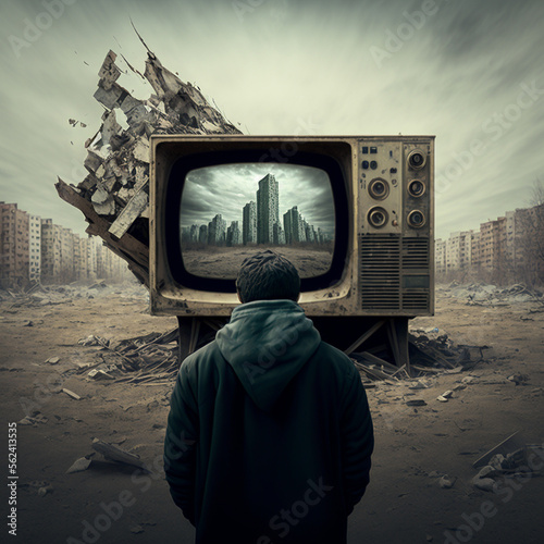 man watches TV in the middle of an old ruined city. the power of propaganda